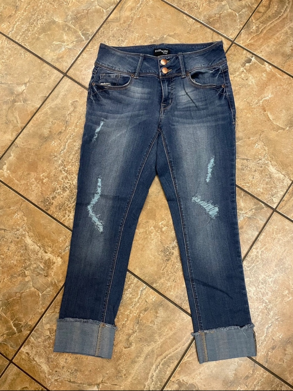 Evermore Dark Blue Distressed Cuffed Women's Jeans